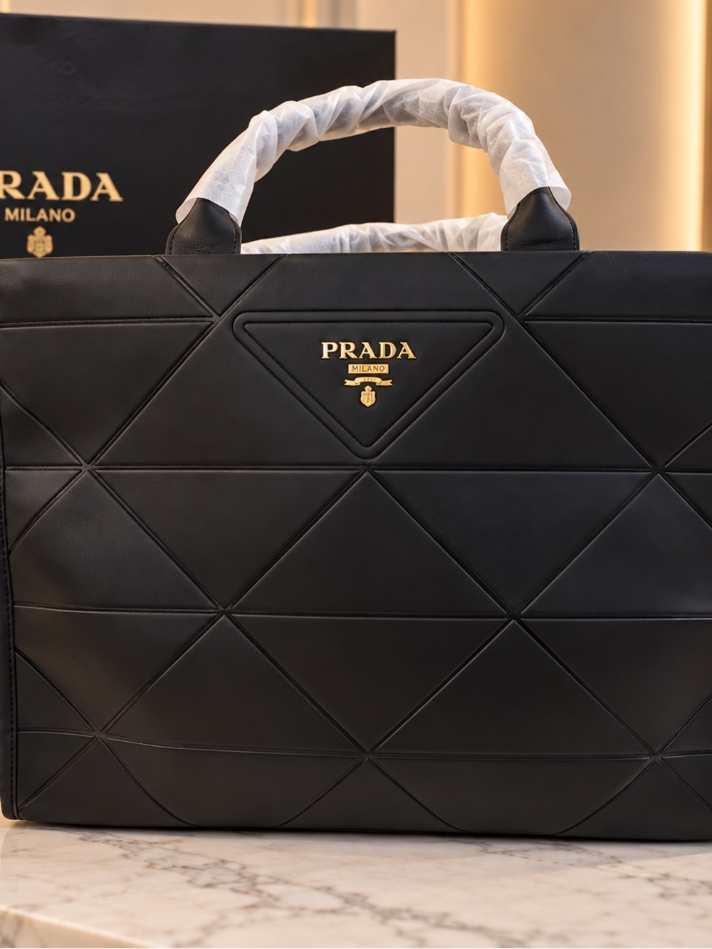 Black Quilted Leather Tote with Gold Logo
